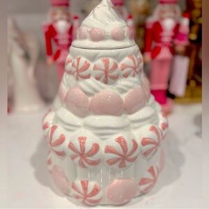 PEPPERMINT & PINE  Meringue Frosting Canister Cookie Jar Pink Sugar Christmas